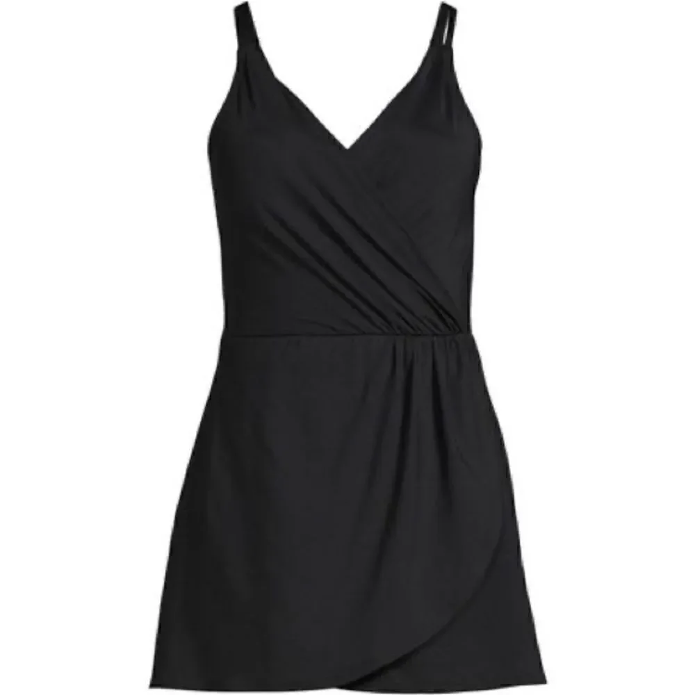 Land’s End plus size tulip wrap 1 piece swimsuit adjustable soft cup black L